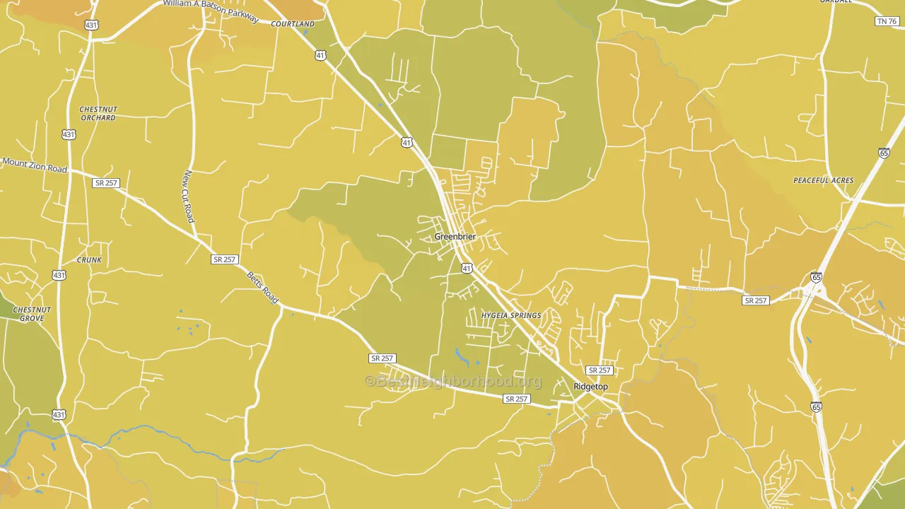 Map of the best neighborhoods in the 37073 area, with better matches in green and worse matches in red