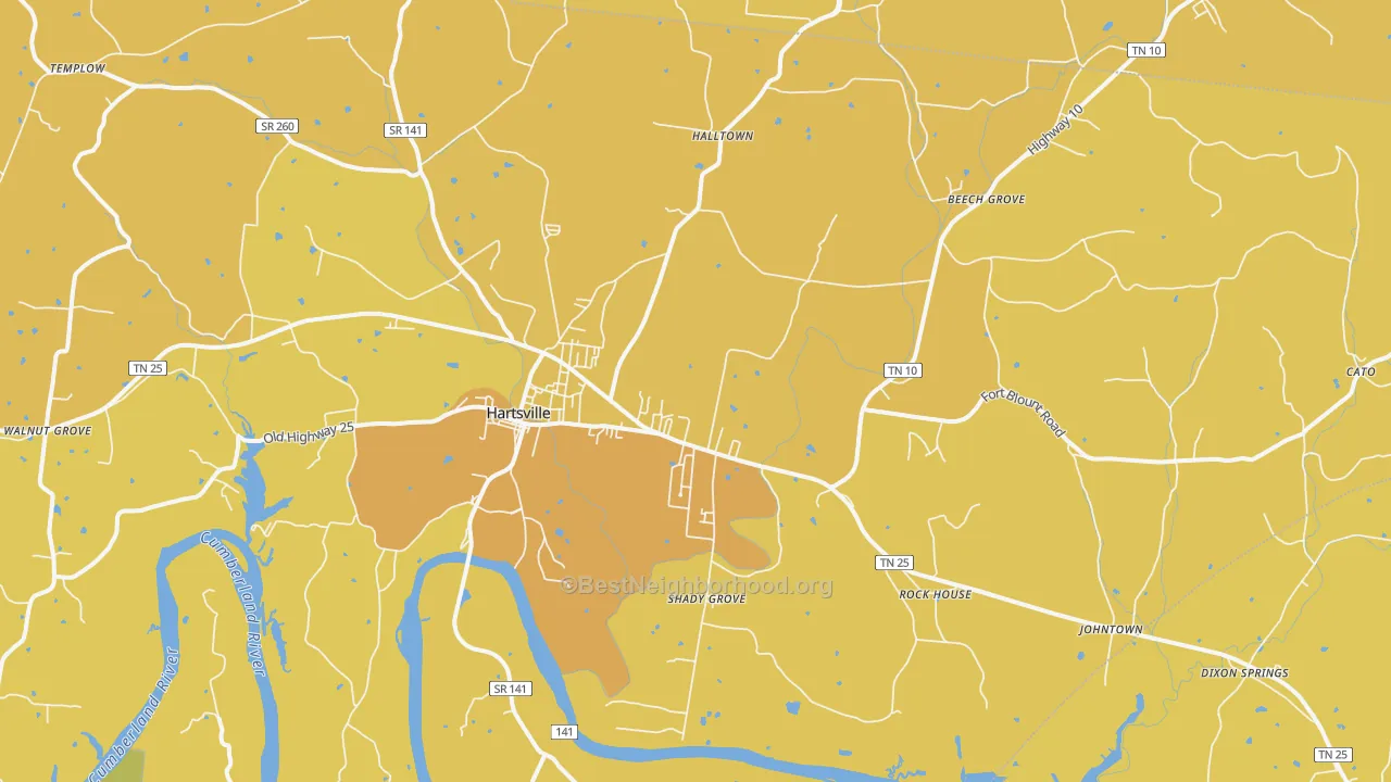 Map of the best neighborhoods in the 37074 area, with better matches in green and worse matches in red
