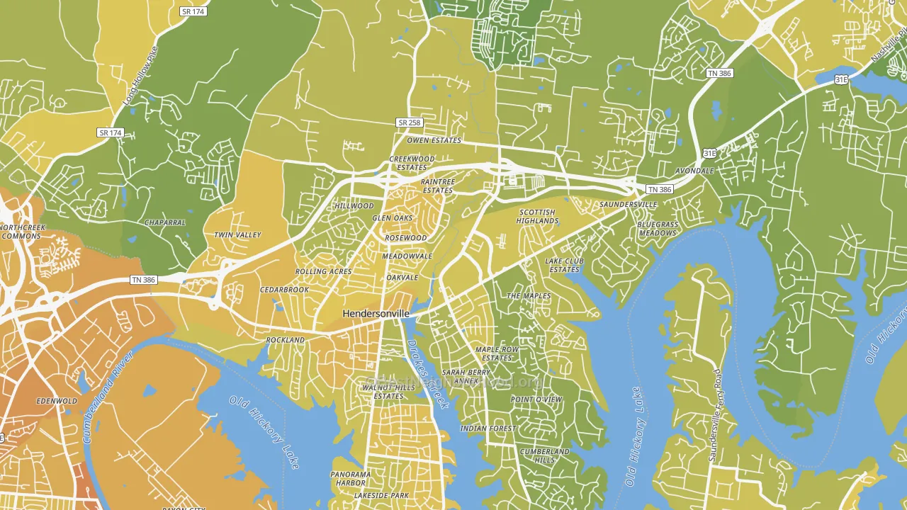 Map of the best neighborhoods in the 37075 area, with better matches in green and worse matches in red