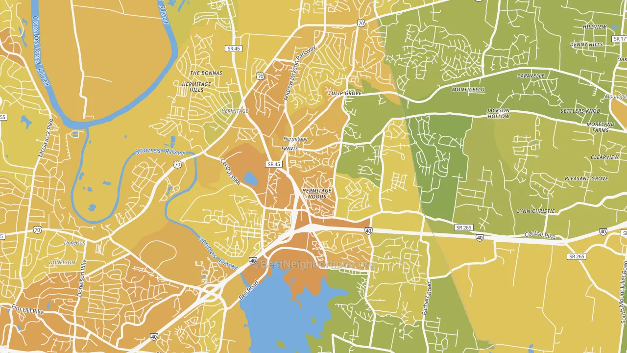 Map of the best neighborhoods in the 37076 area, with better matches in green and worse matches in red