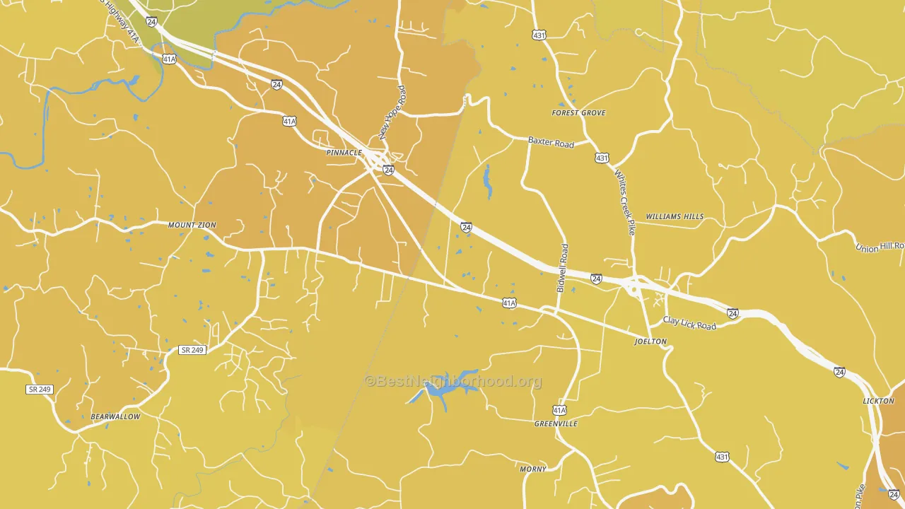 Map of the best neighborhoods in the 37080 area, with better matches in green and worse matches in red