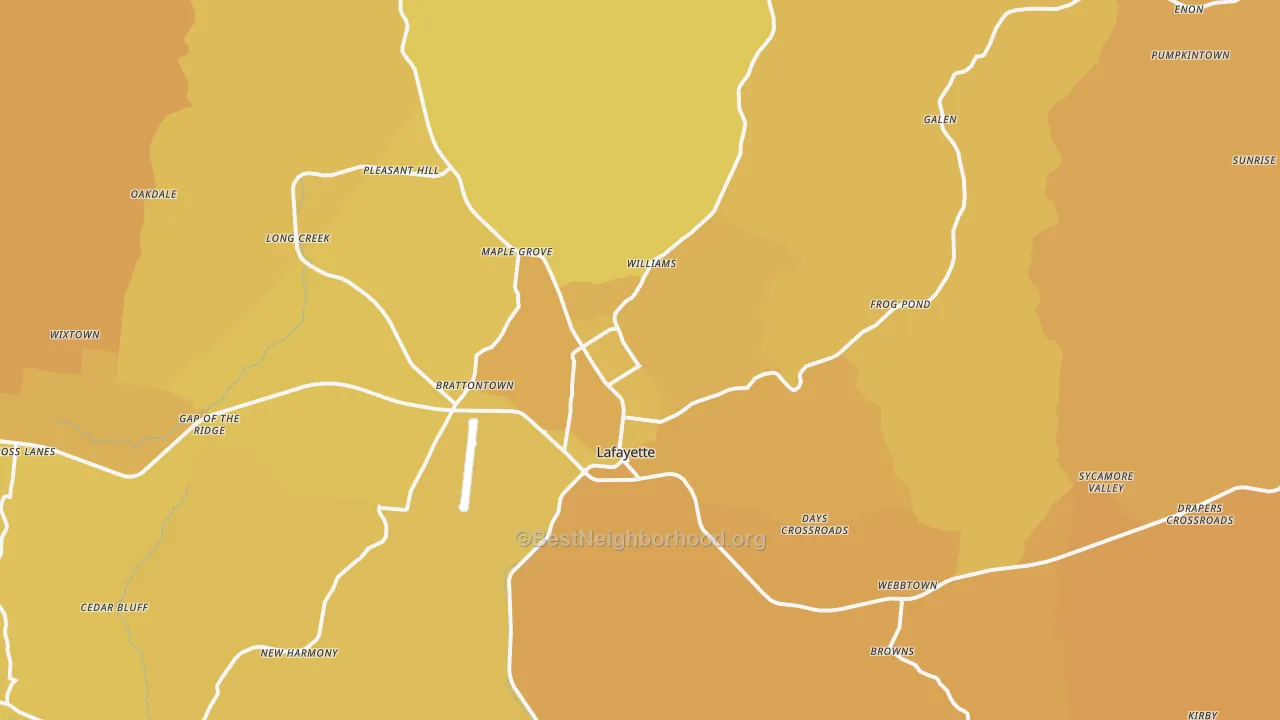 Map of the best neighborhoods in the 37083 area, with better matches in green and worse matches in red