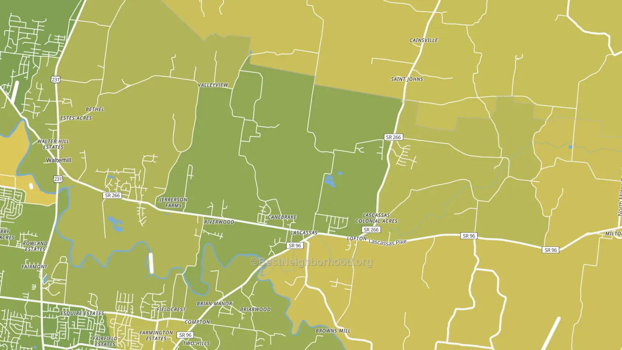 Map of the best neighborhoods in the 37085 area, with better matches in green and worse matches in red