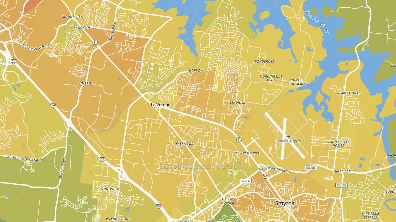 Map of the best neighborhoods in the 37086 area, with better matches in green and worse matches in red
