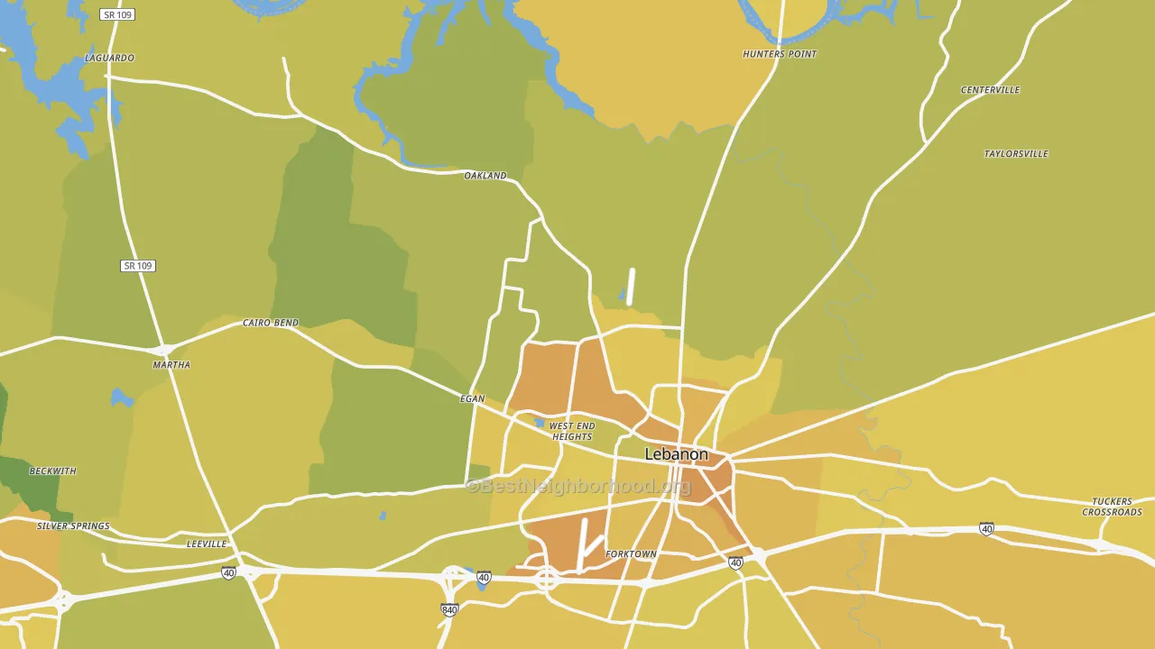 Map of the best neighborhoods in the 37087 area, with better matches in green and worse matches in red