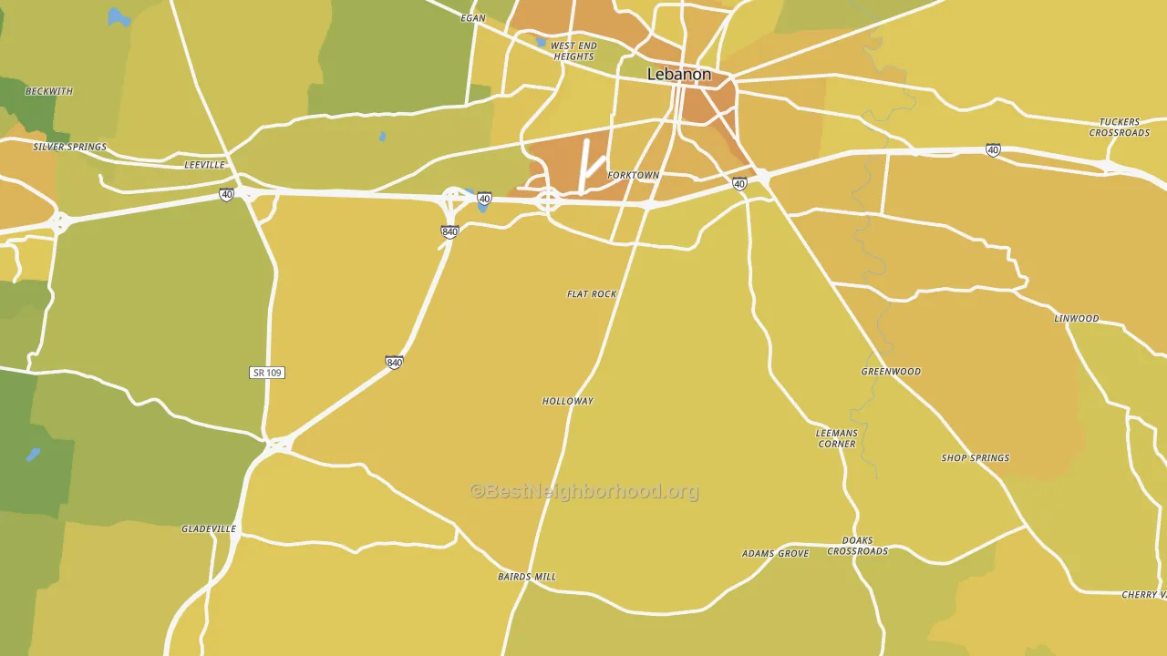 Map of the best neighborhoods in the 37090 area, with better matches in green and worse matches in red