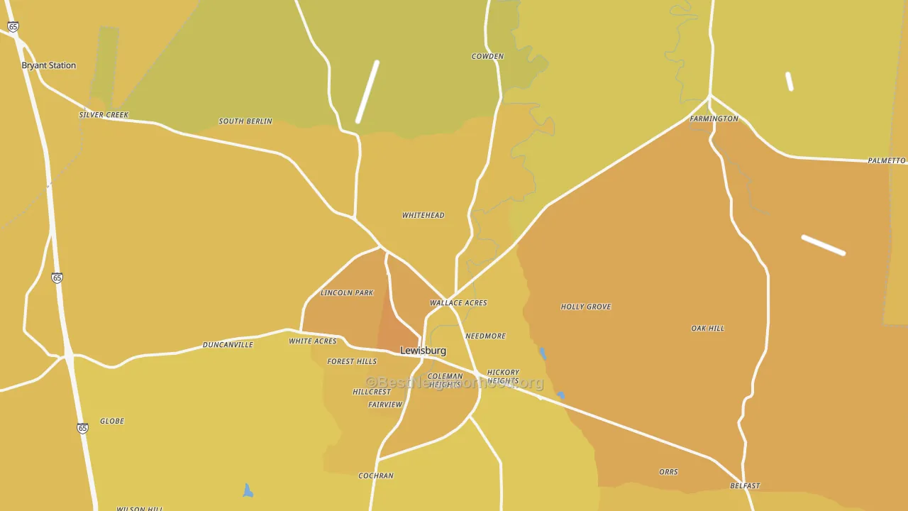 Map of the best neighborhoods in the 37091 area, with better matches in green and worse matches in red