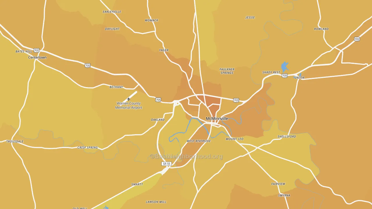 Map of the best neighborhoods in the 37110 area, with better matches in green and worse matches in red