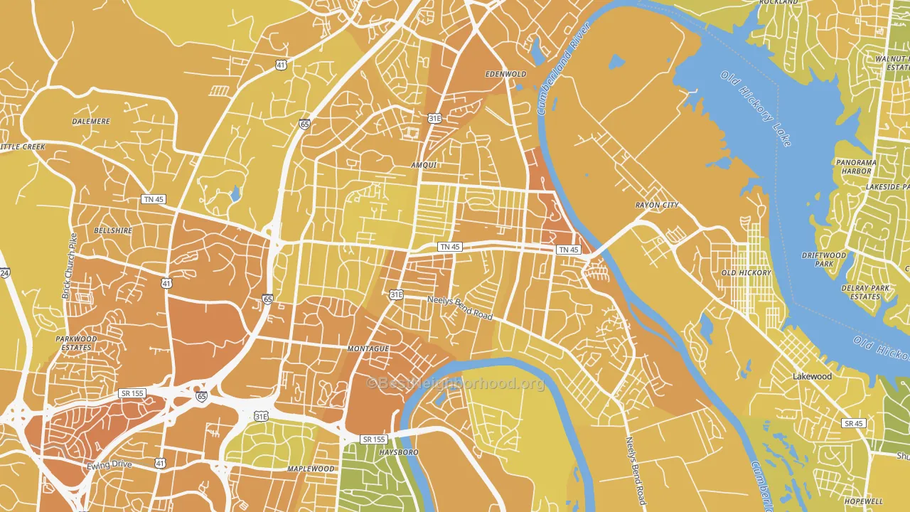 Map of the best neighborhoods in the 37115 area, with better matches in green and worse matches in red