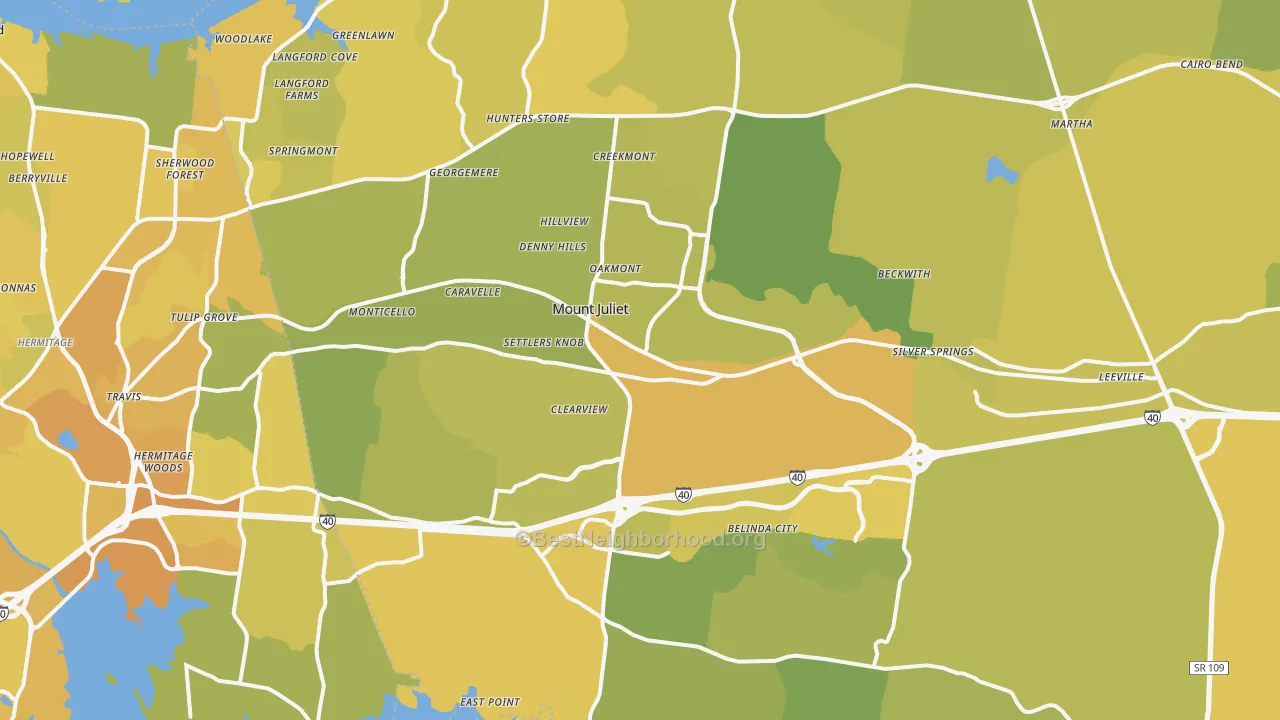 Map of the best neighborhoods in the 37122 area, with better matches in green and worse matches in red