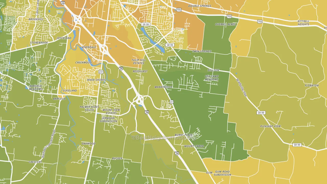 Map of the best neighborhoods in the 37127 area, with better matches in green and worse matches in red