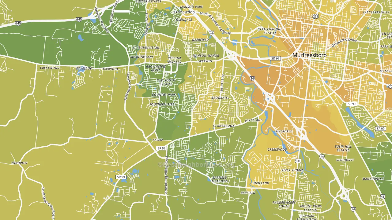 Map of the best neighborhoods in the 37128 area, with better matches in green and worse matches in red