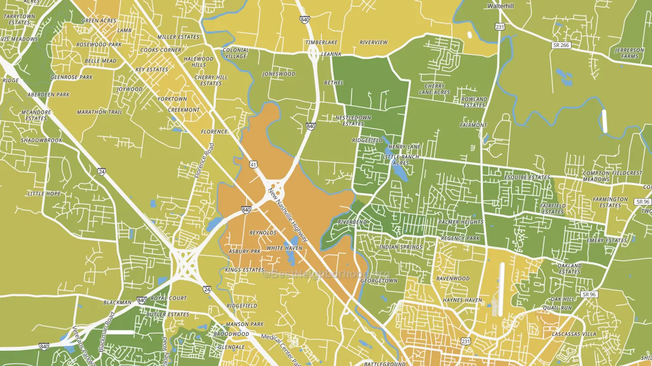 Map of the best neighborhoods in the 37129 area, with better matches in green and worse matches in red