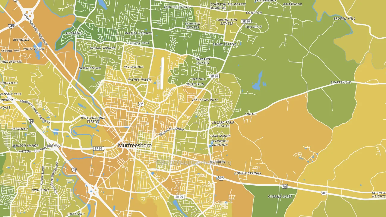 Map of the best neighborhoods in the 37130 area, with better matches in green and worse matches in red