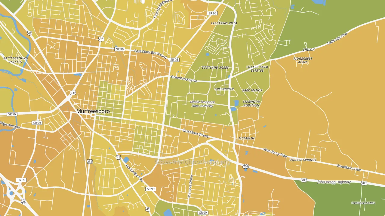 Map of the best neighborhoods in the 37132 area, with better matches in green and worse matches in red