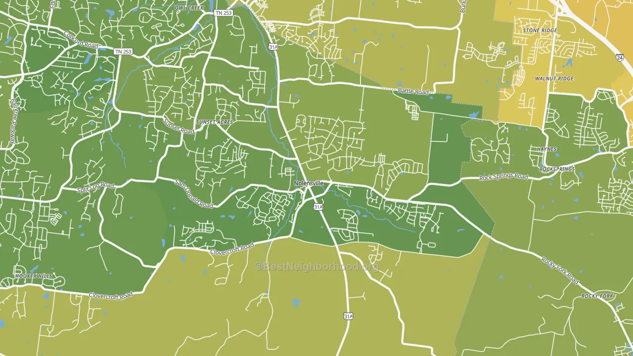 Map of the best neighborhoods in the 37135 area, with better matches in green and worse matches in red