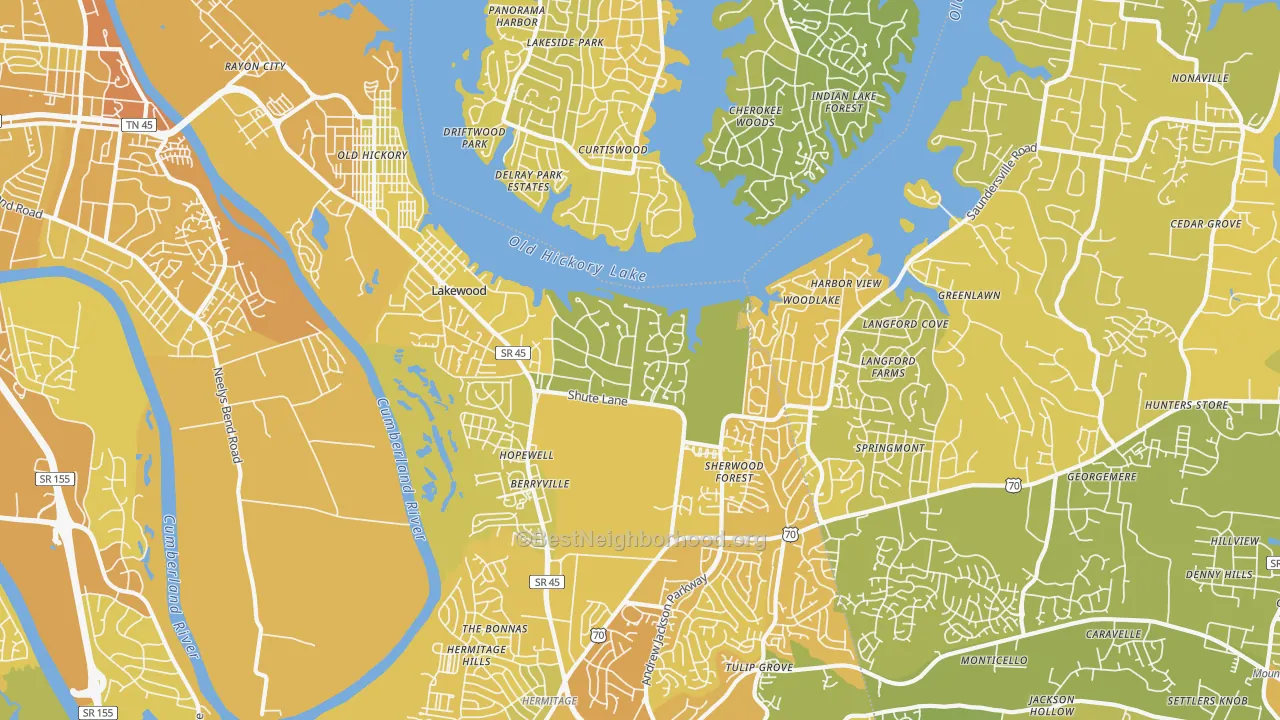 Map of the best neighborhoods in the 37138 area, with better matches in green and worse matches in red