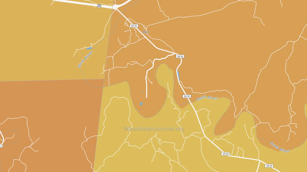 Map of the best neighborhoods in the 37140 area, with better matches in green and worse matches in red