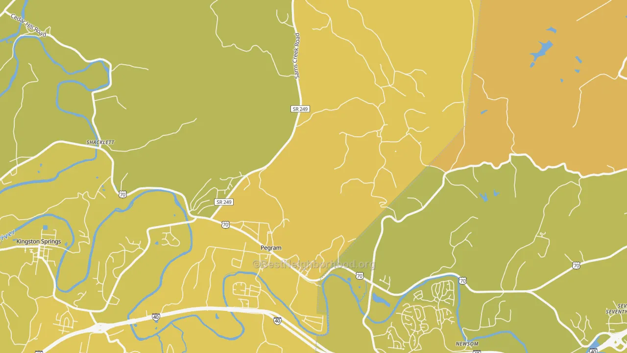 Map of the best neighborhoods in the 37143 area, with better matches in green and worse matches in red