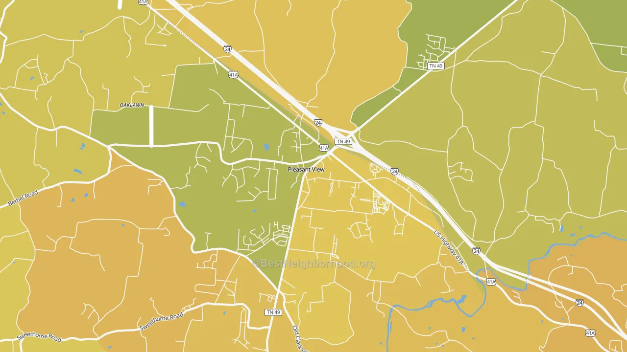 Map of the best neighborhoods in the 37146 area, with better matches in green and worse matches in red