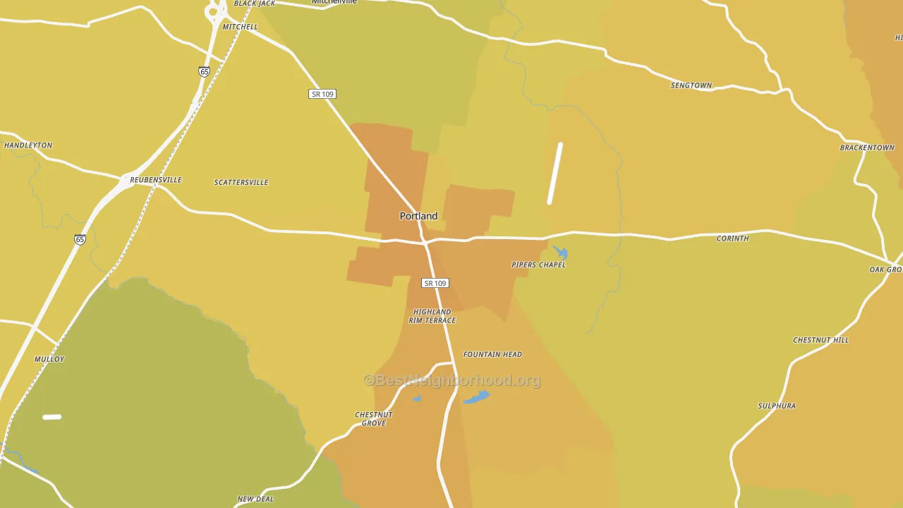 Map of the best neighborhoods in the 37148 area, with better matches in green and worse matches in red