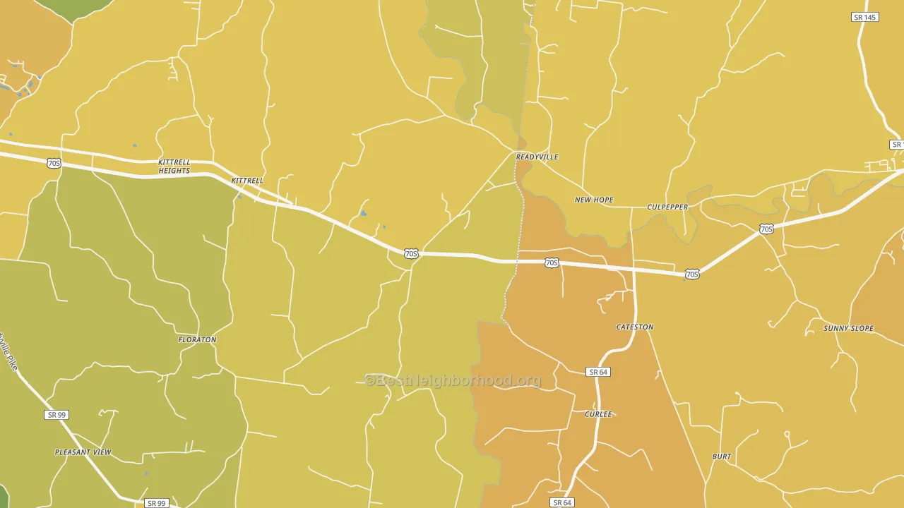 Map of the best neighborhoods in the 37149 area, with better matches in green and worse matches in red