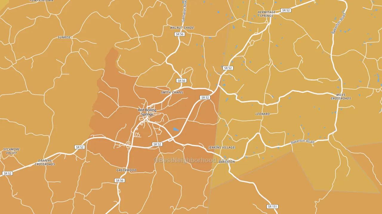 Map of the best neighborhoods in the 37150 area, with better matches in green and worse matches in red