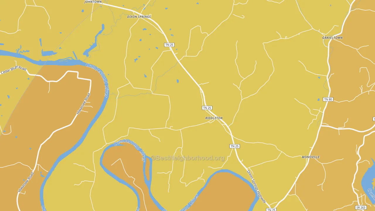 Map of the best neighborhoods in the 37151 area, with better matches in green and worse matches in red
