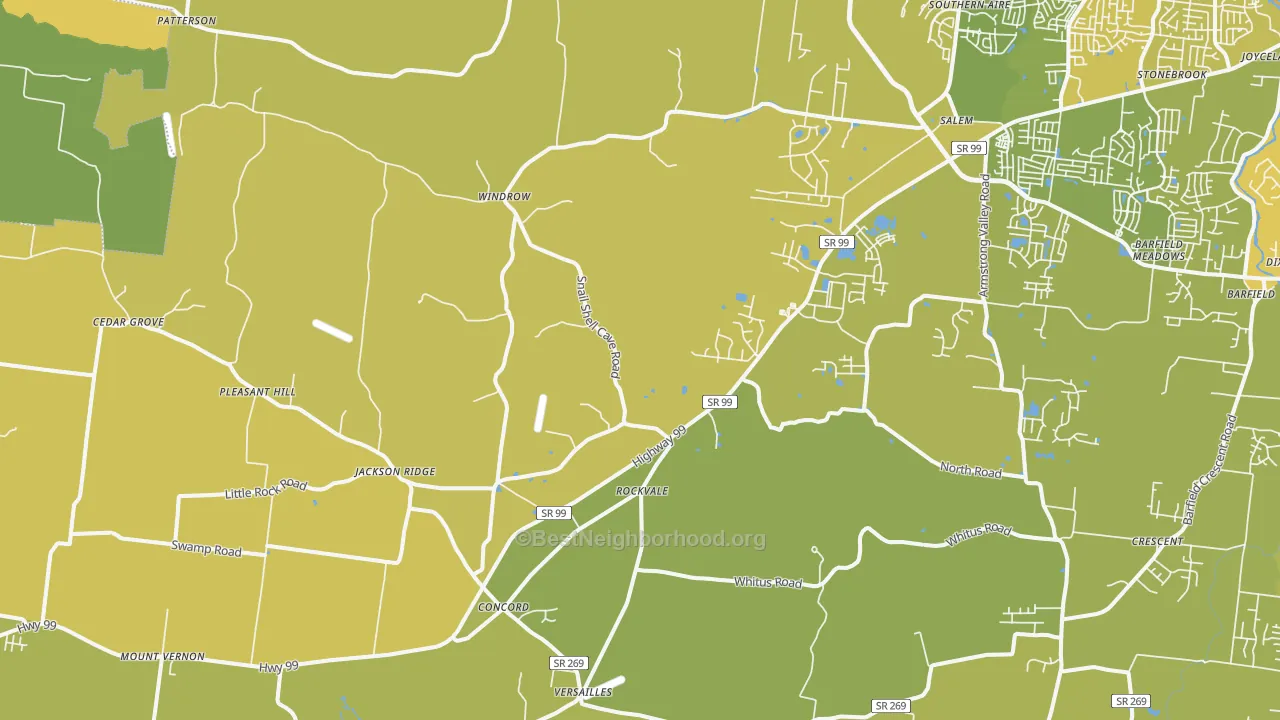 Map of the best neighborhoods in the 37153 area, with better matches in green and worse matches in red