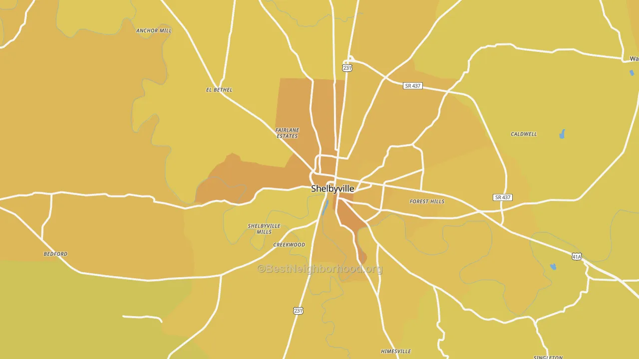 Map of the best neighborhoods in the 37160 area, with better matches in green and worse matches in red