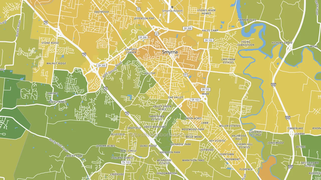 Map of the best neighborhoods in the 37167 area, with better matches in green and worse matches in red