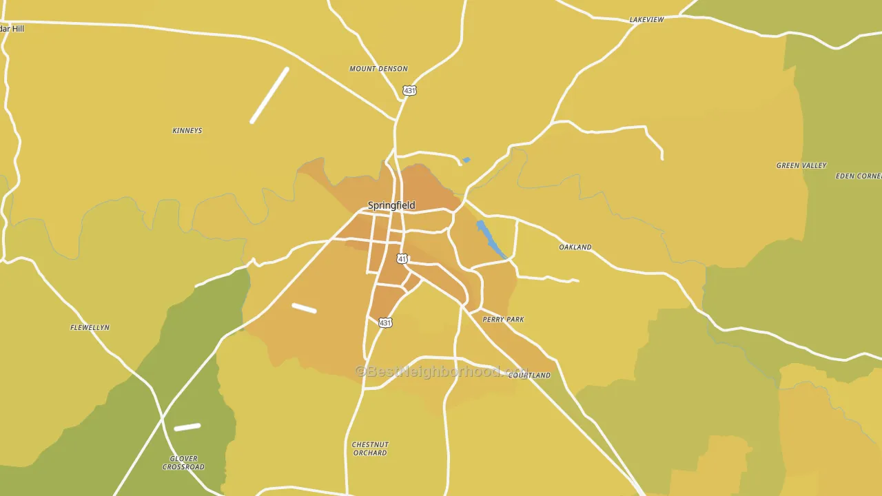 Map of the best neighborhoods in the 37172 area, with better matches in green and worse matches in red