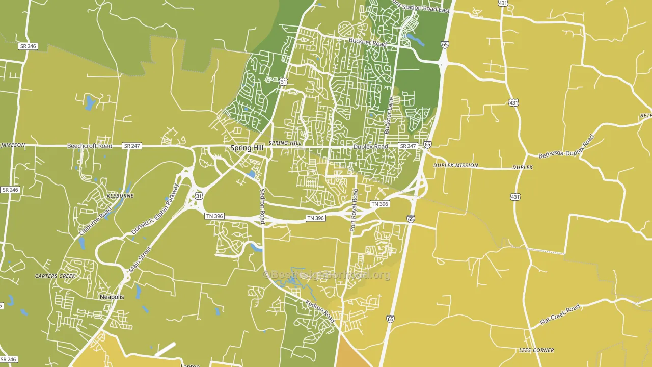 Map of the best neighborhoods in the 37174 area, with better matches in green and worse matches in red