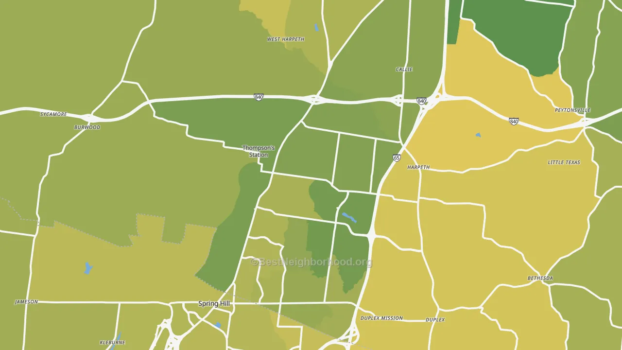Map of the best neighborhoods in the 37179 area, with better matches in green and worse matches in red