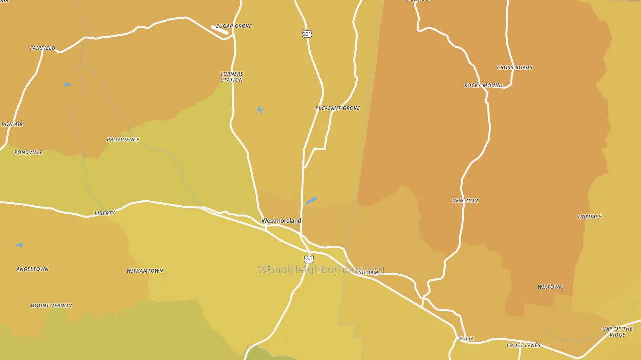 Map of the best neighborhoods in the 37186 area, with better matches in green and worse matches in red