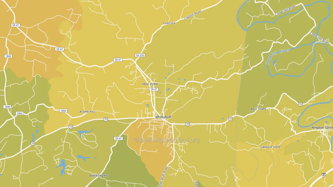 Map of the best neighborhoods in the 37187 area, with better matches in green and worse matches in red