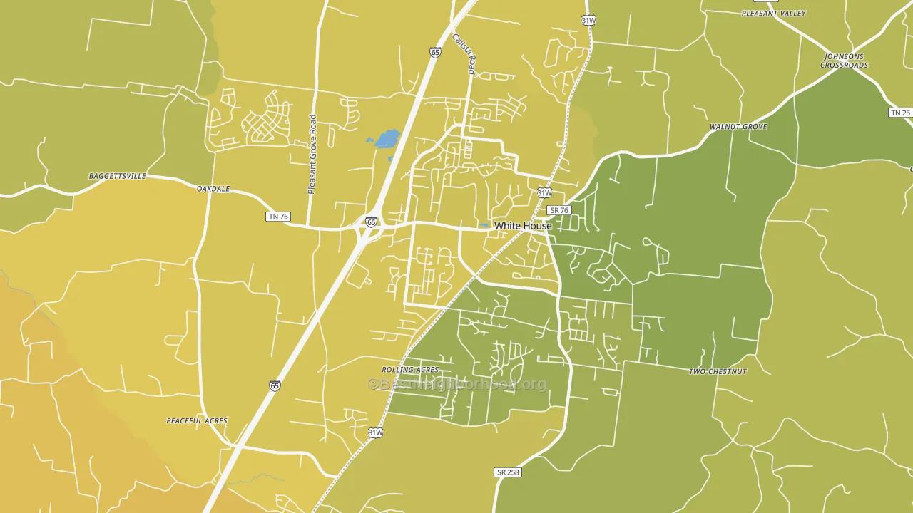 Map of the best neighborhoods in the 37188 area, with better matches in green and worse matches in red