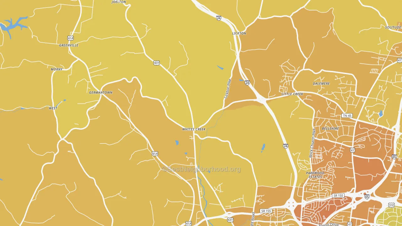 Map of the best neighborhoods in the 37189 area, with better matches in green and worse matches in red