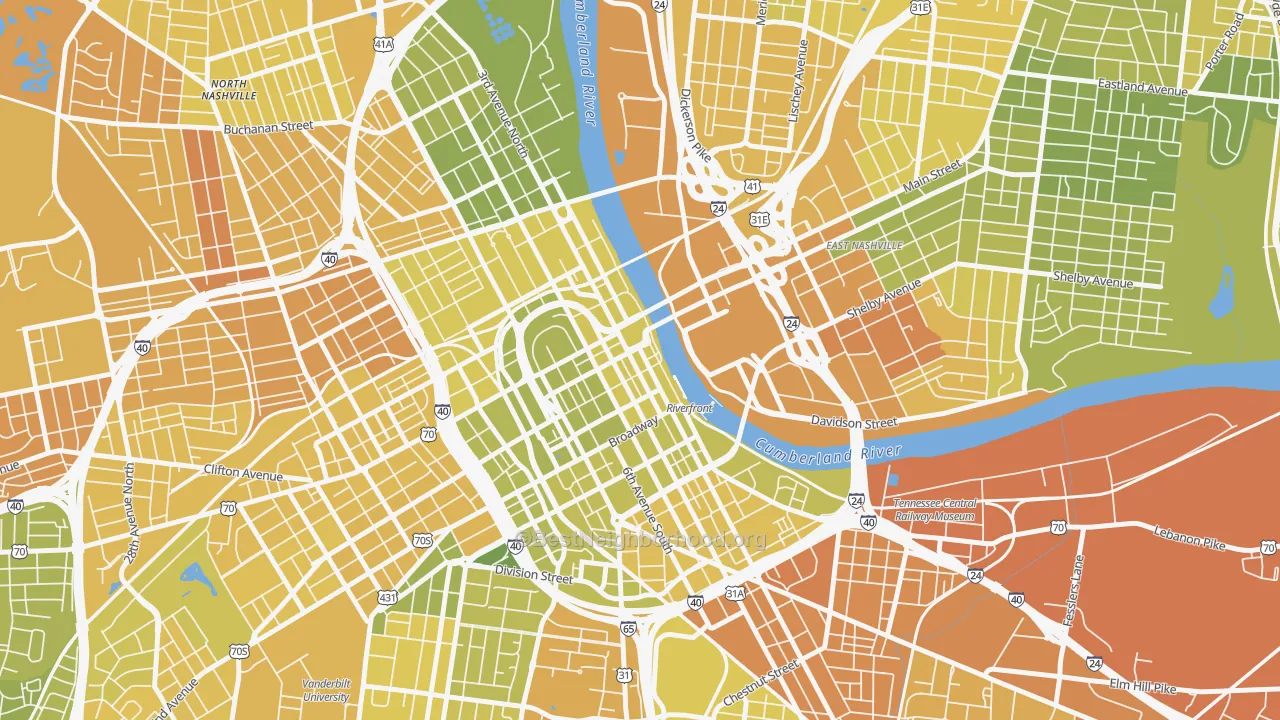 Map of the best neighborhoods in the 37201 area, with better matches in green and worse matches in red
