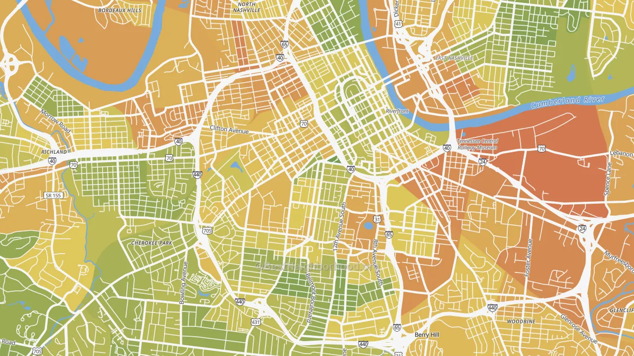 Map of the best neighborhoods in the 37203 area, with better matches in green and worse matches in red