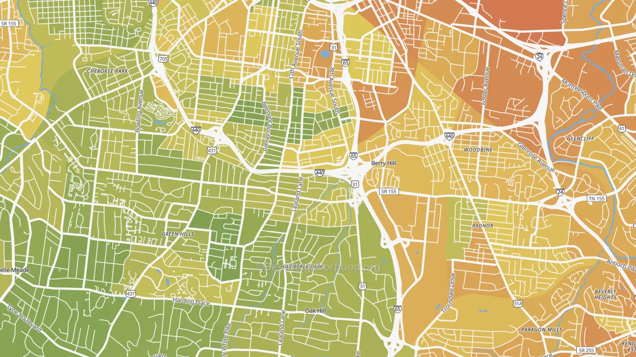 Map of the best neighborhoods in the 37204 area, with better matches in green and worse matches in red