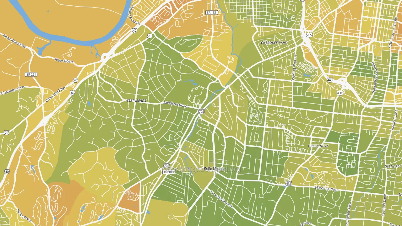 Map of the best neighborhoods in the 37205 area, with better matches in green and worse matches in red