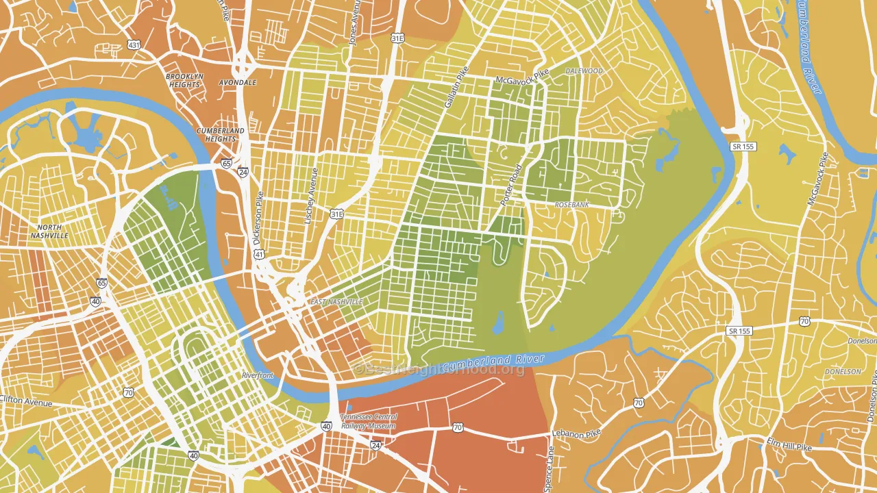 Map of the best neighborhoods in the 37206 area, with better matches in green and worse matches in red