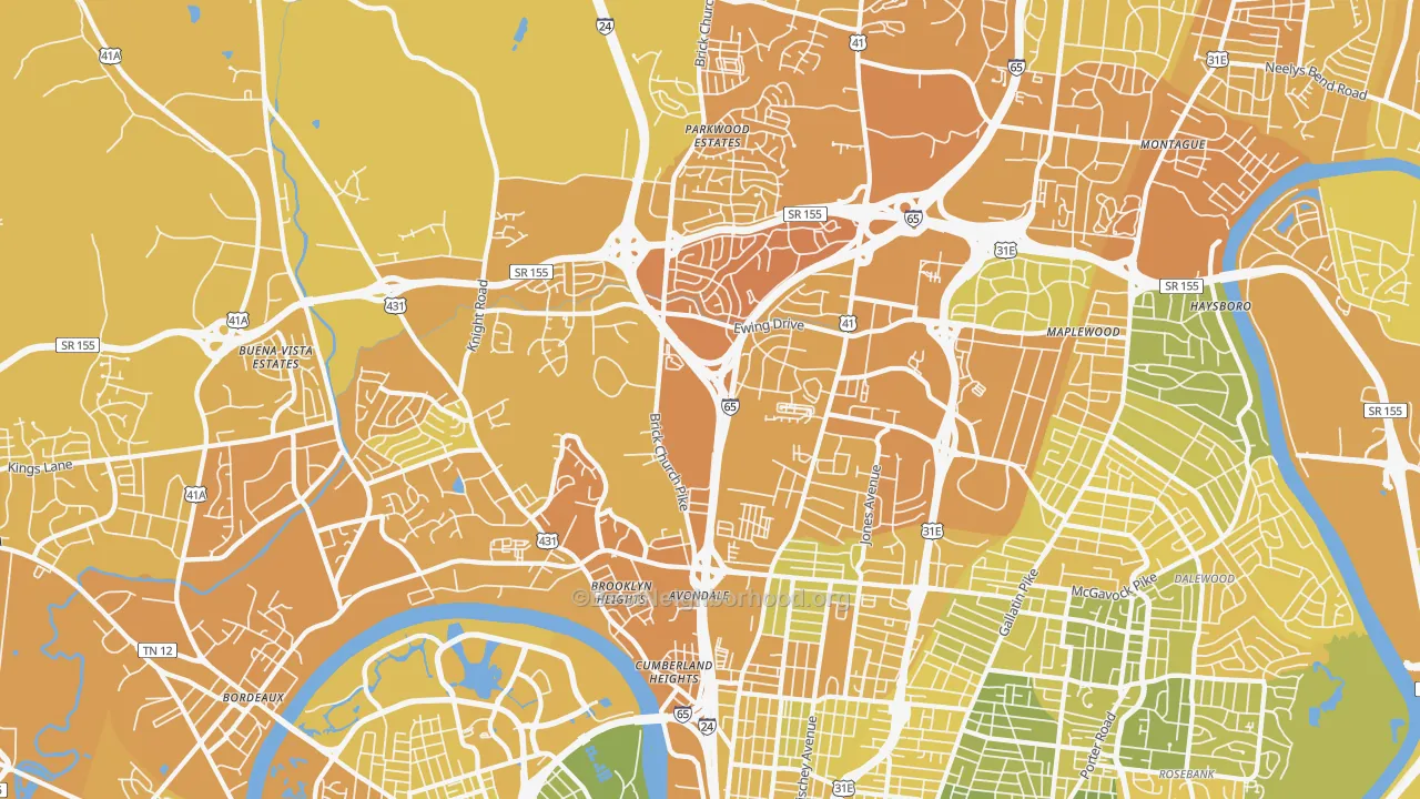 Map of the best neighborhoods in the 37207 area, with better matches in green and worse matches in red