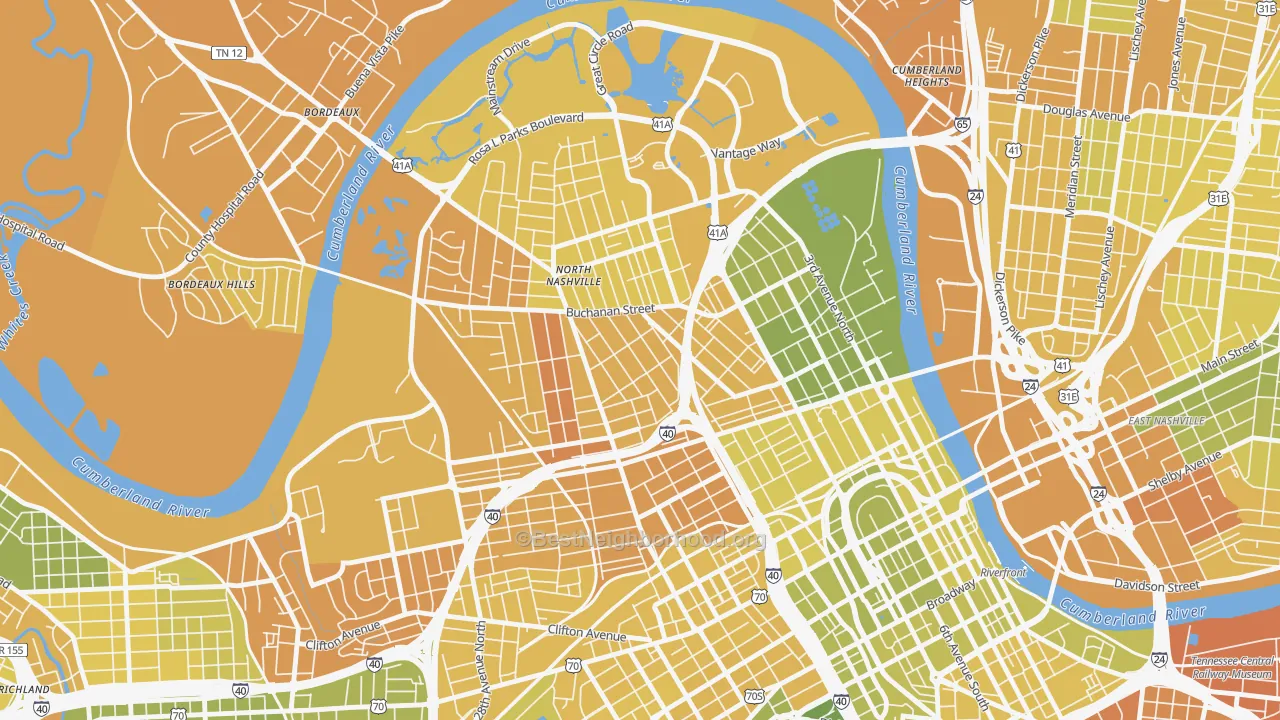 Map of the best neighborhoods in the 37208 area, with better matches in green and worse matches in red