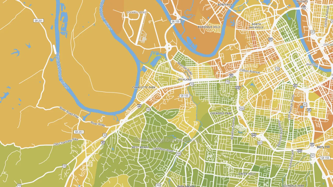 Map of the best neighborhoods in the 37209 area, with better matches in green and worse matches in red