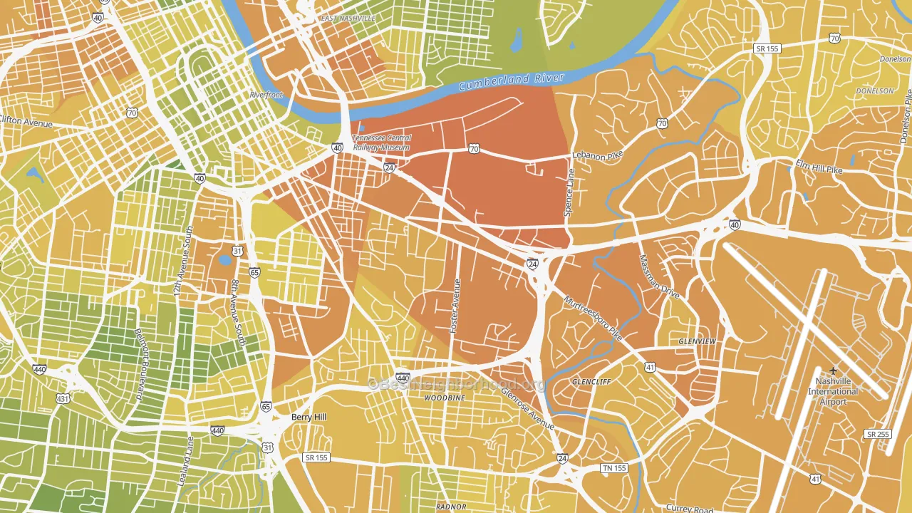Map of the best neighborhoods in the 37210 area, with better matches in green and worse matches in red