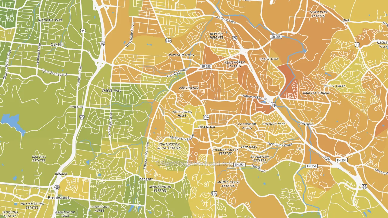 Map of the best neighborhoods in the 37211 area, with better matches in green and worse matches in red