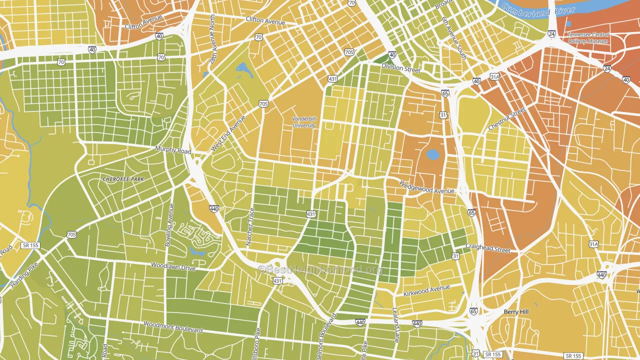 Map of the best neighborhoods in the 37212 area, with better matches in green and worse matches in red