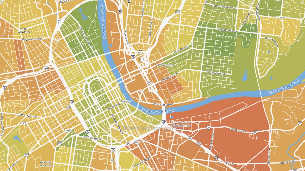Map of the best neighborhoods in the 37213 area, with better matches in green and worse matches in red